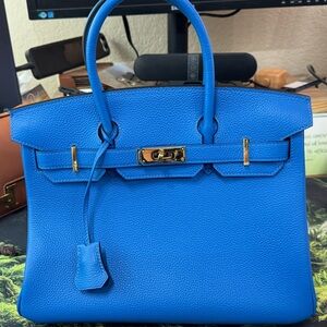 Elegant Blue Frida B30 style Leather Handbag hand sewn
